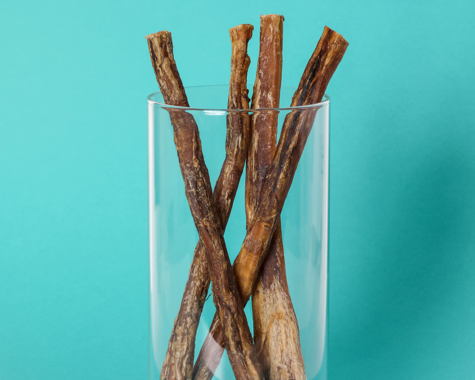 Four 9-inch water buffalo bully sticks standing in a glass jar on a teal background