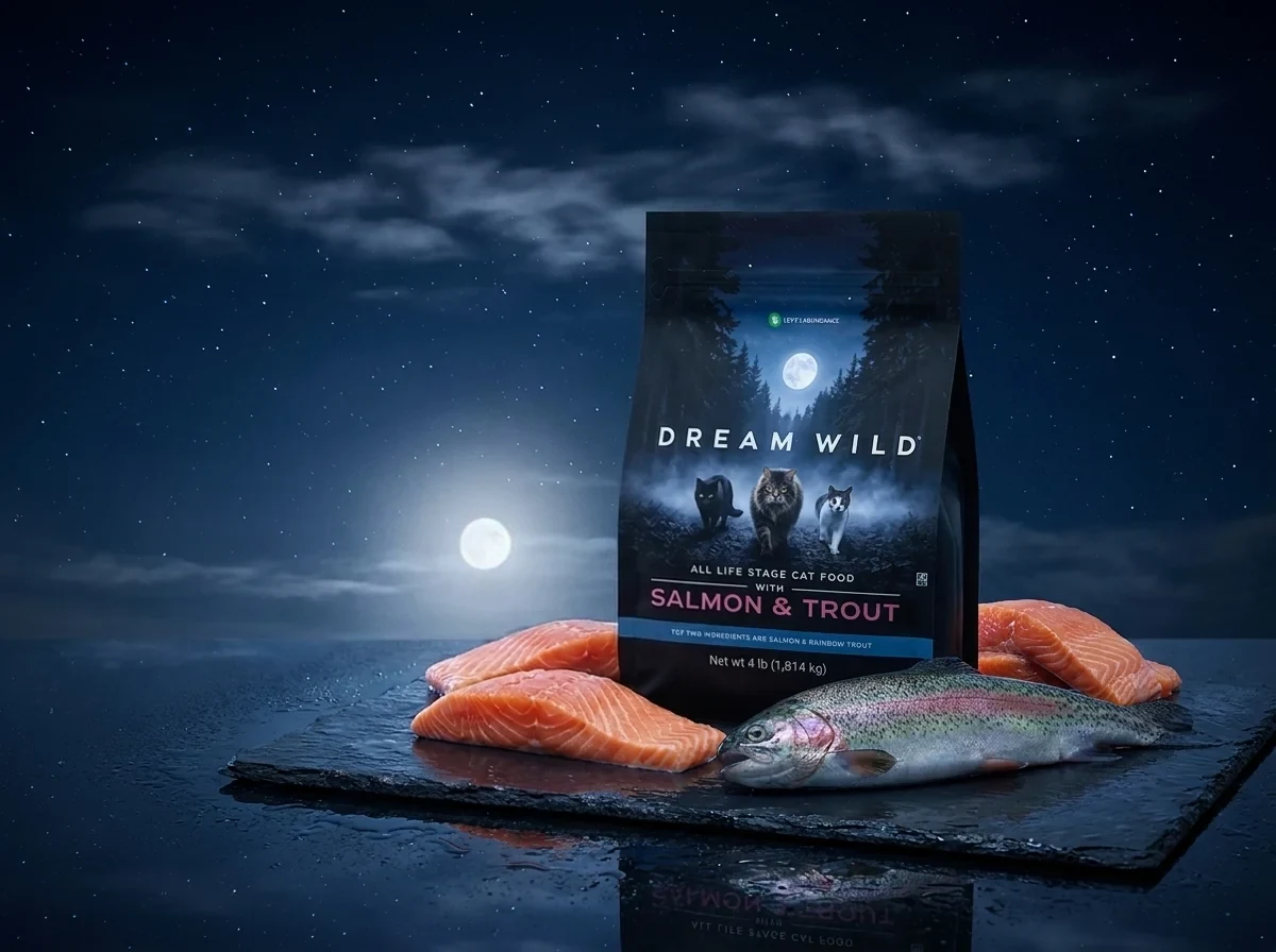 Dream Wild cat food bag on slate with fresh salmon fillets and a rainbow trout under a moonlit night sky