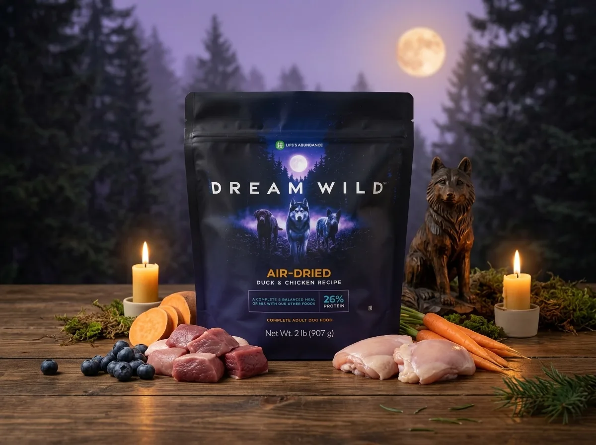 Dream Wild Air-Dried bag on a candlelit table with duck, carrots and blueberries under a purple night sky