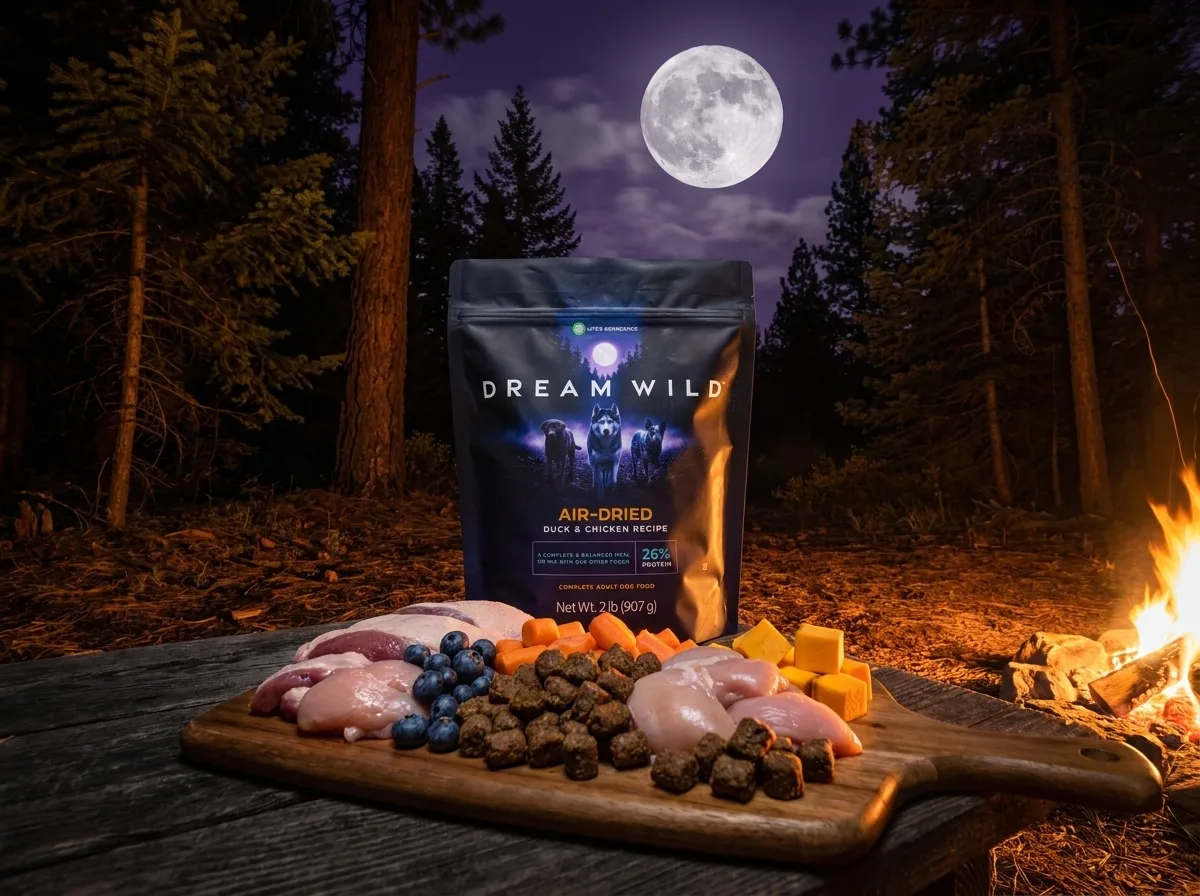 Dream Wild Air-Dried bag and serving board of duck, chicken and superfoods with a campfire burning at the right in a moonlit pine forest