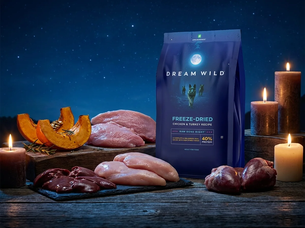 Dream Wild freeze-dried bag beside raw chicken, turkey and organ meats by candlelight under a night sky