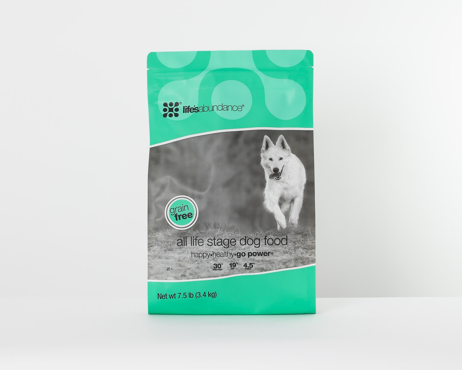 Bag of Life's Abundance grain free all life stage dog food on a white studio background