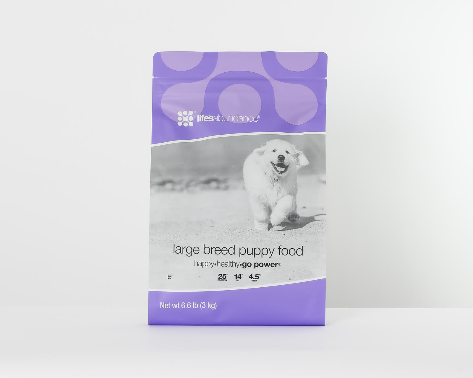Bag of Life's Abundance large breed puppy food on a white studio background