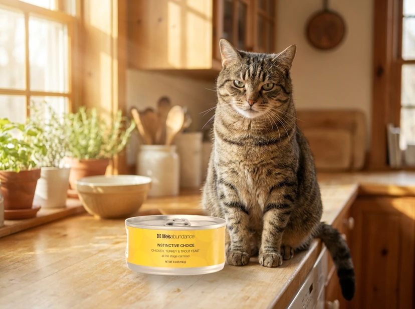 Cat waiting on the kitchen counter beside a can of Instinctive Choice