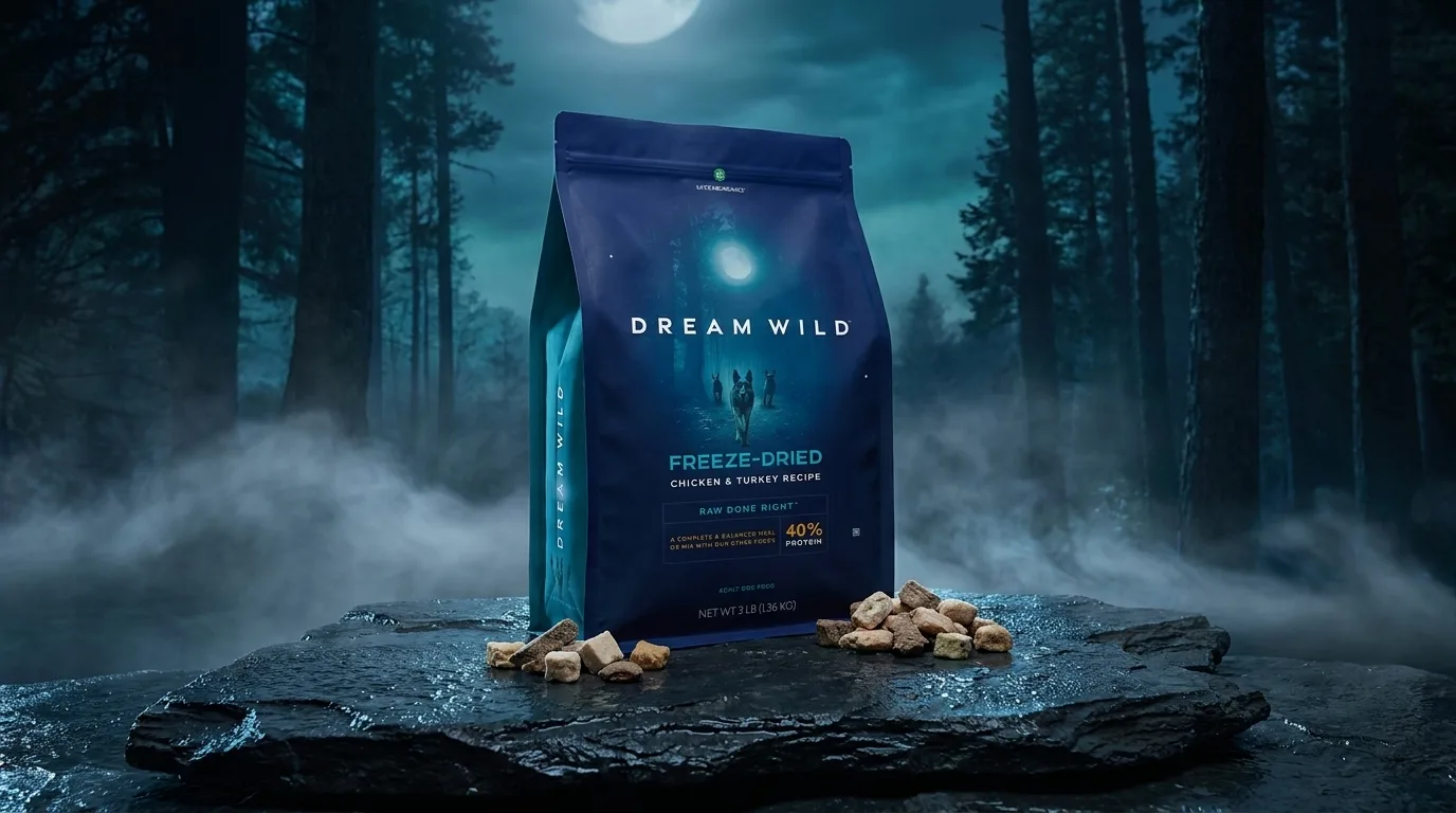 Dream Wild Freeze-Dried Raw Dog Food in a moonlit forest
