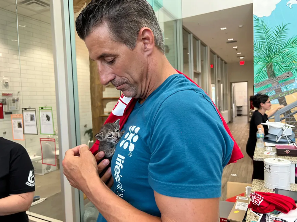 A Life's Abundance employee cradling a kitten at the Furry Friends clinic