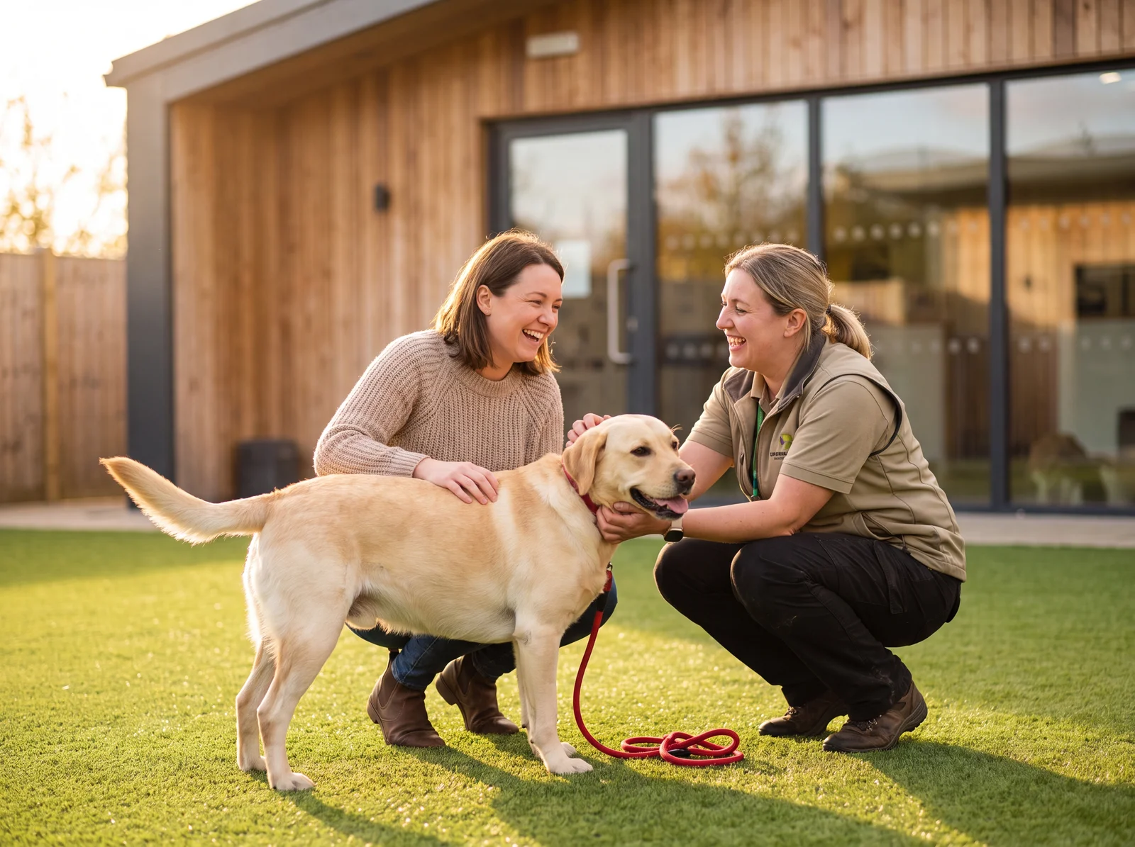 A rescue-center staffer and adopter greeting a happy Labrador