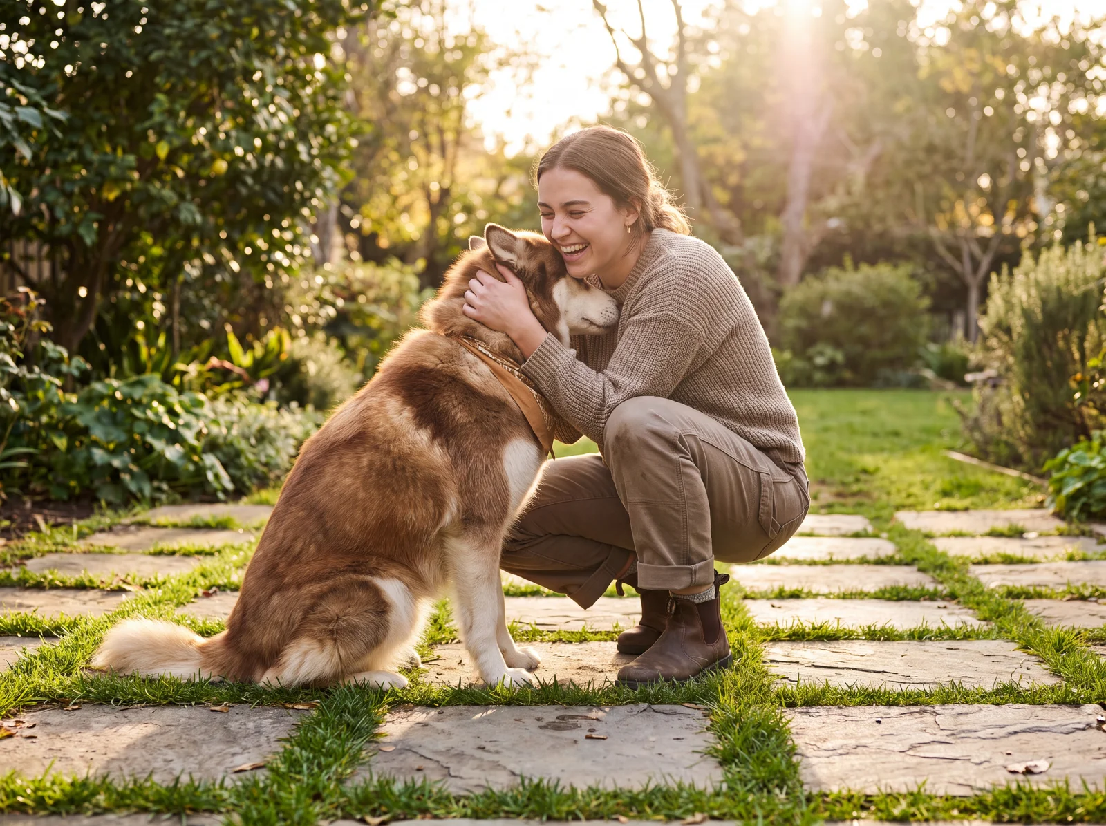 A woman embracing a husky on a garden path