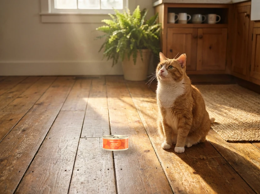 Cat waiting in warm afternoon light beside a can of Pork & Duck