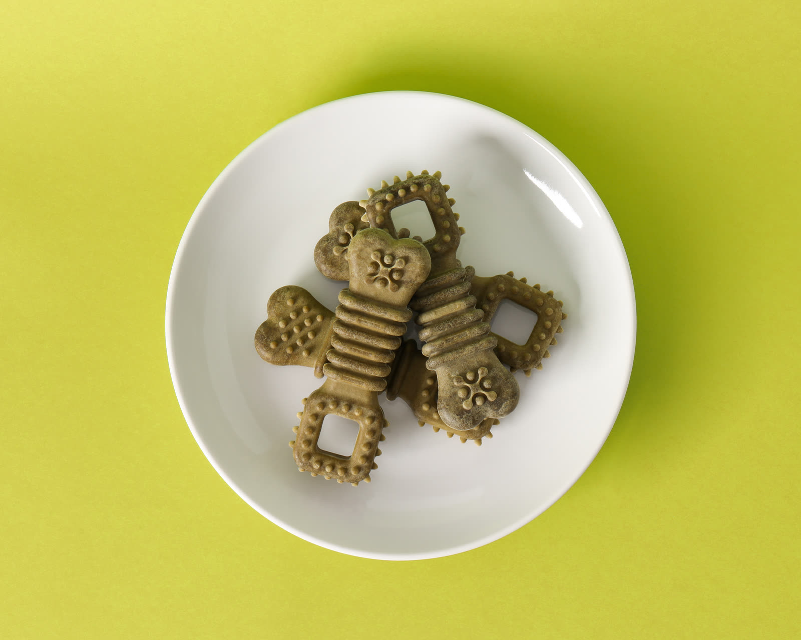 Ugly Bones dental treats on a white plate, shot overhead on a chartreuse seamless background