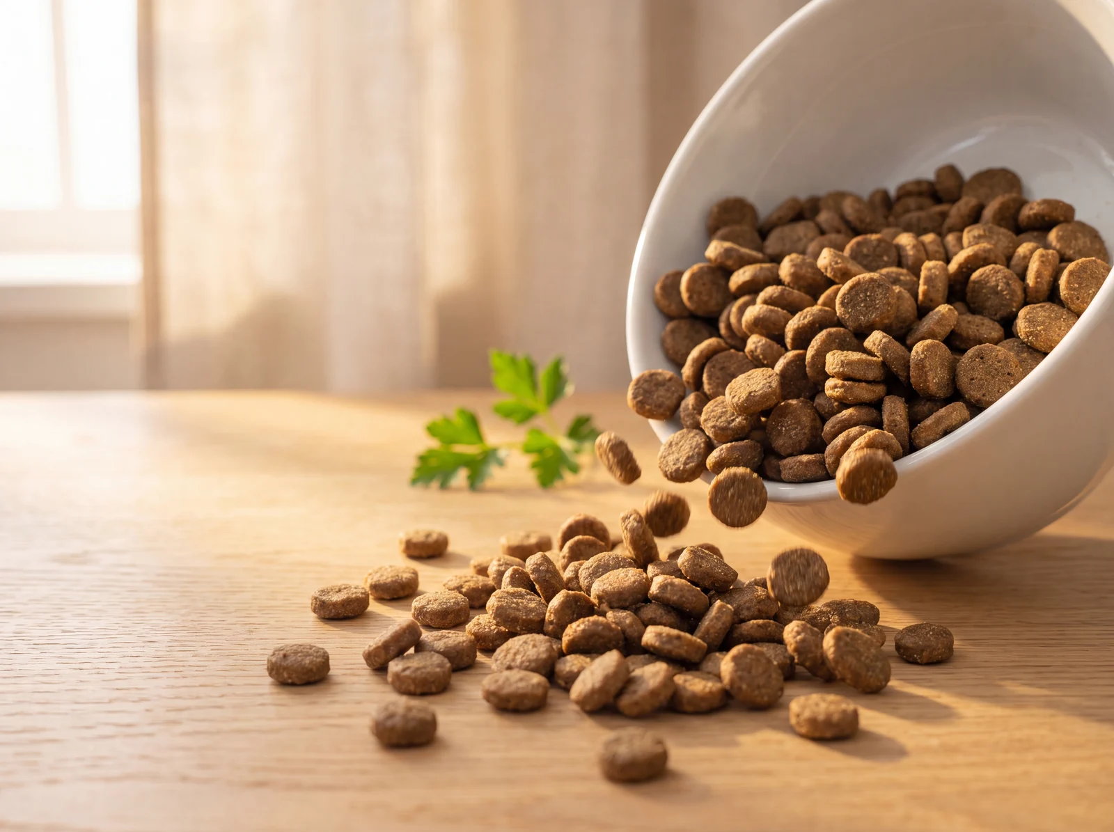 Lamb Meal and Brown Rice Recipe kibble spilling from a bowl in warm morning light
