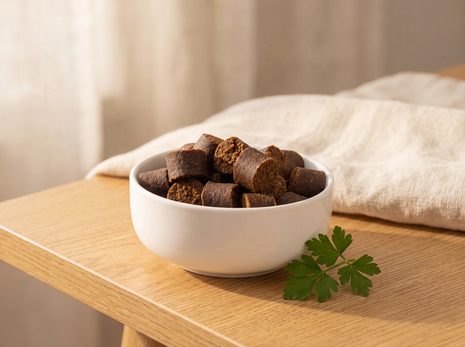 Skin and Coat Soft Chews in a bowl in warm morning light