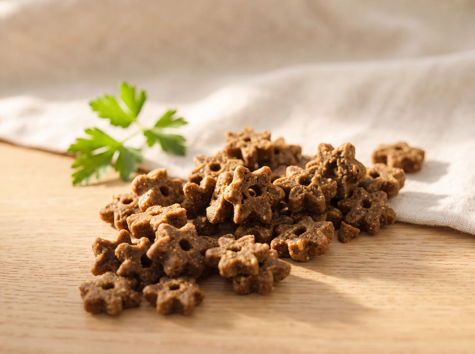 Star-shaped Wellness Food Supplement pieces for cats in warm morning light